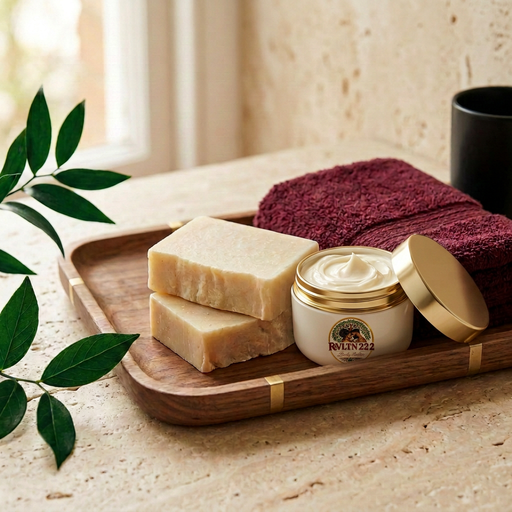 Body butter jar mockup with RVLTN 22 2 branding in the spa collection scene