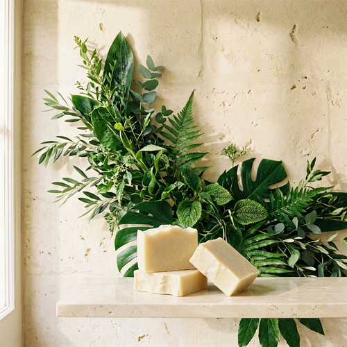 Botanical collection cover with cream-colored soap bars