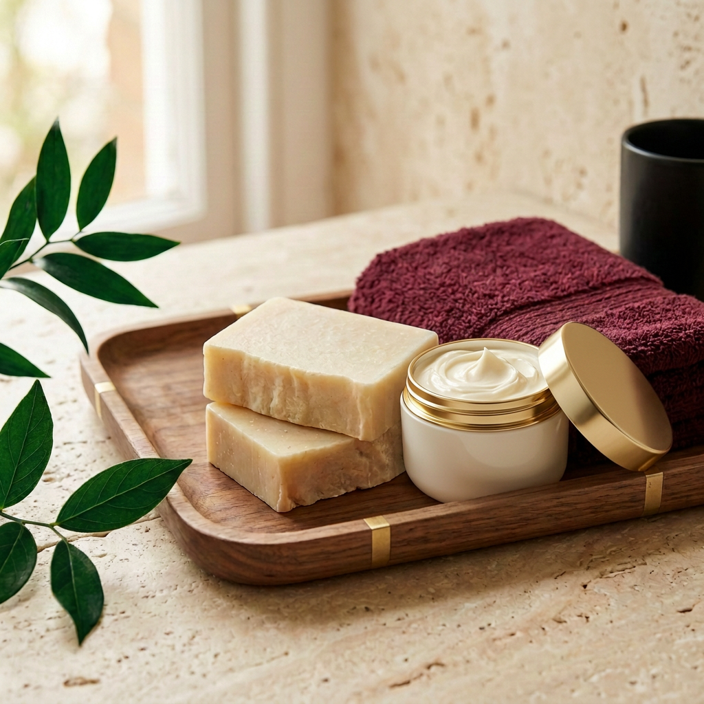 Brand-colored spa cover with soap and an open jar of body butter