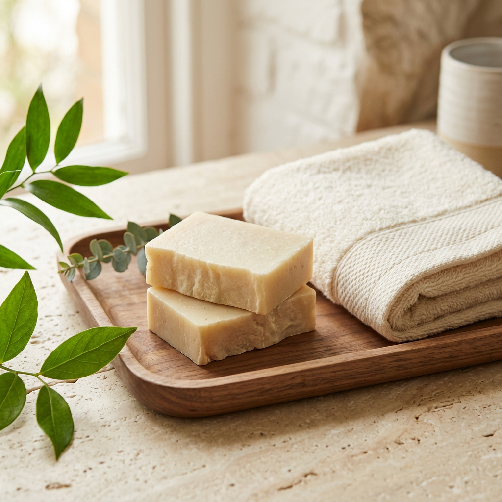 Warm spa collection cover with soap, a wooden tray, and an ivory towel